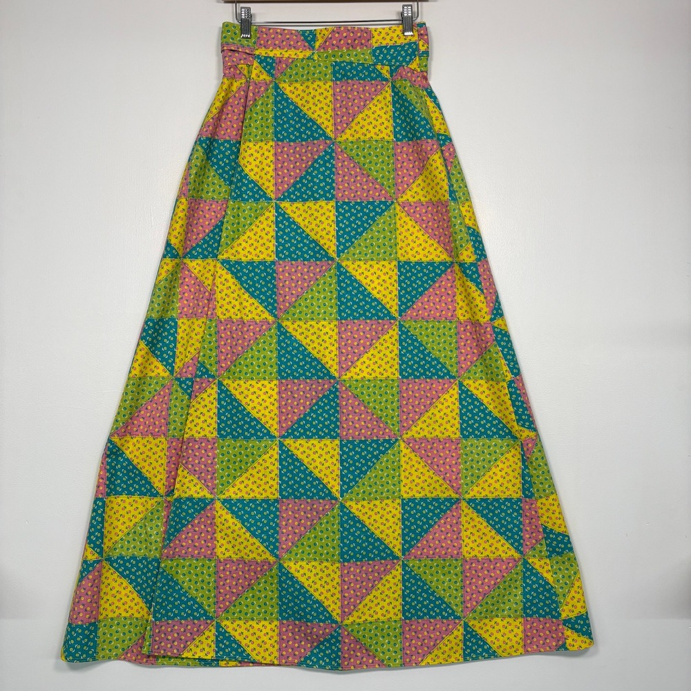 Handmade‎ Women Maxi Skirt M Multicolor Vintage Patchwork Floral 70s Quilt Aline